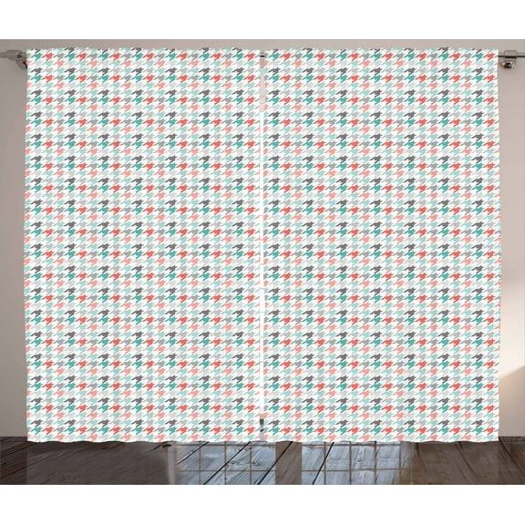 Ambesonne Abstract Curtains 2 Panel Set, Houndstooth Motifs, 108" x 90", Dark Coral Mint Green