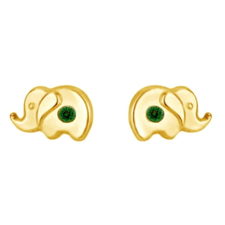 Round Shape Simulated Green Emerald Little Girls Elephant Stud Earrings 14K Yellow Gold Over Sterling Silver