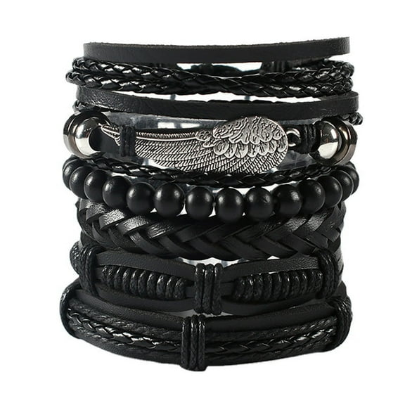 Xaweyi 6 Pcs Mens Black Leather Bracelets Set for Men Stackable Braided Bracelet Tribal Punk Rock Handmade Wristband