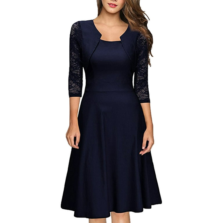 Spring Dress Clearance Long Sleeve Round-Neck Dress Lace Crew neck