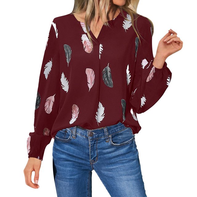 Cathalem Chemises à Manches Longues pour Femmes Col Rond Hauts d'Été Décontractés Tee-Shirts Basiques 2024 Vêtements Tendance, Rouge TG