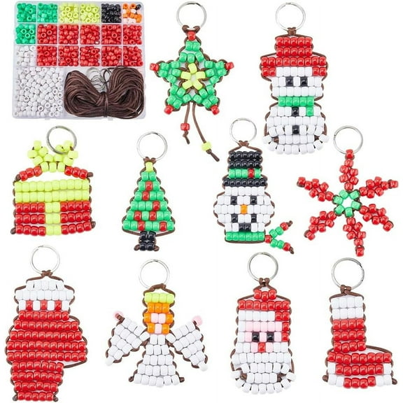 1 Box DIY 10 Sets Christmas Pony Beads Bulk Bead Pets 8mm Large Video Tutorials Xmas Keychain Kit Snowman Snowflake Beading Angel Christmas Pet Key Chains for Purse Gifts DIY