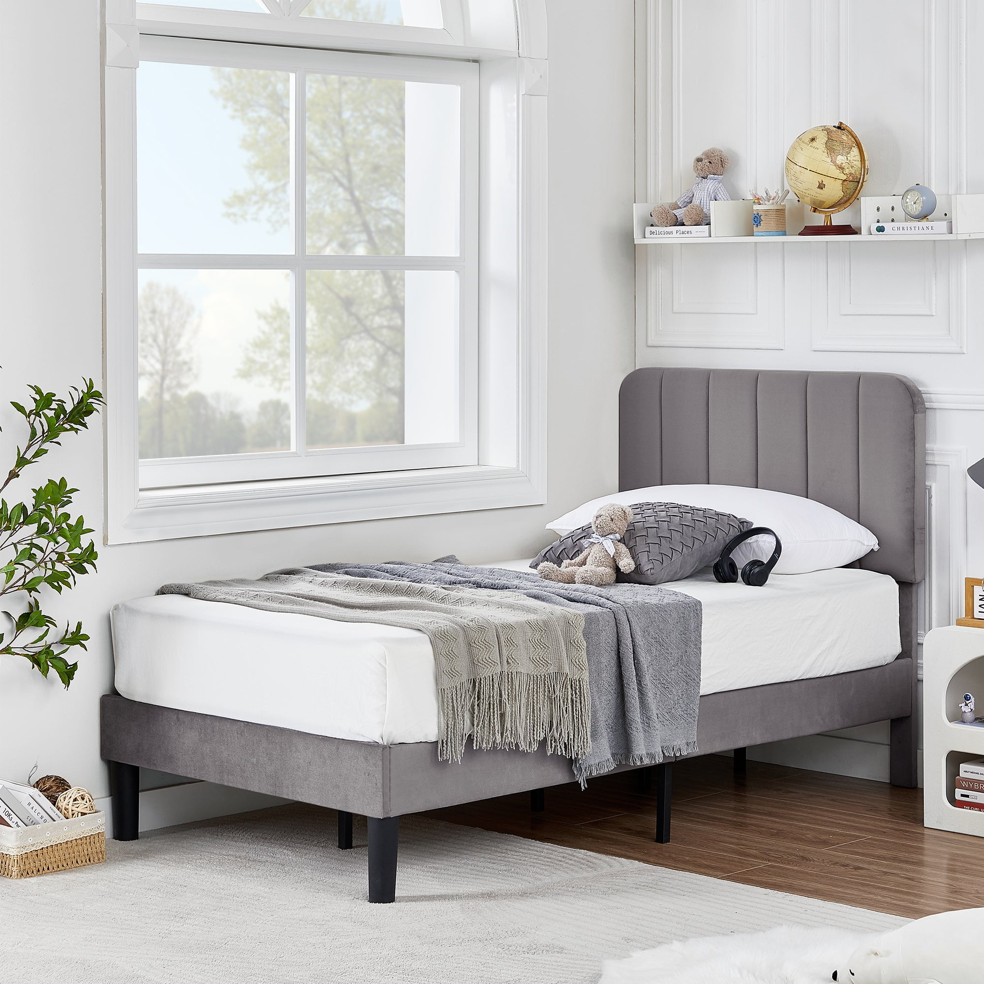VECELO Twin Size Bed Frame, Upholstered Platform Bed Frame with Adjustable Headboard, No Box Spring Needed, Easy Assembly, Dark Gray