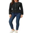 thumbnail image 2 of Allegra K Women‘s Round Neck Button Down Ruffled Hem Cropped Washed Denim Jacket, 2 of 6