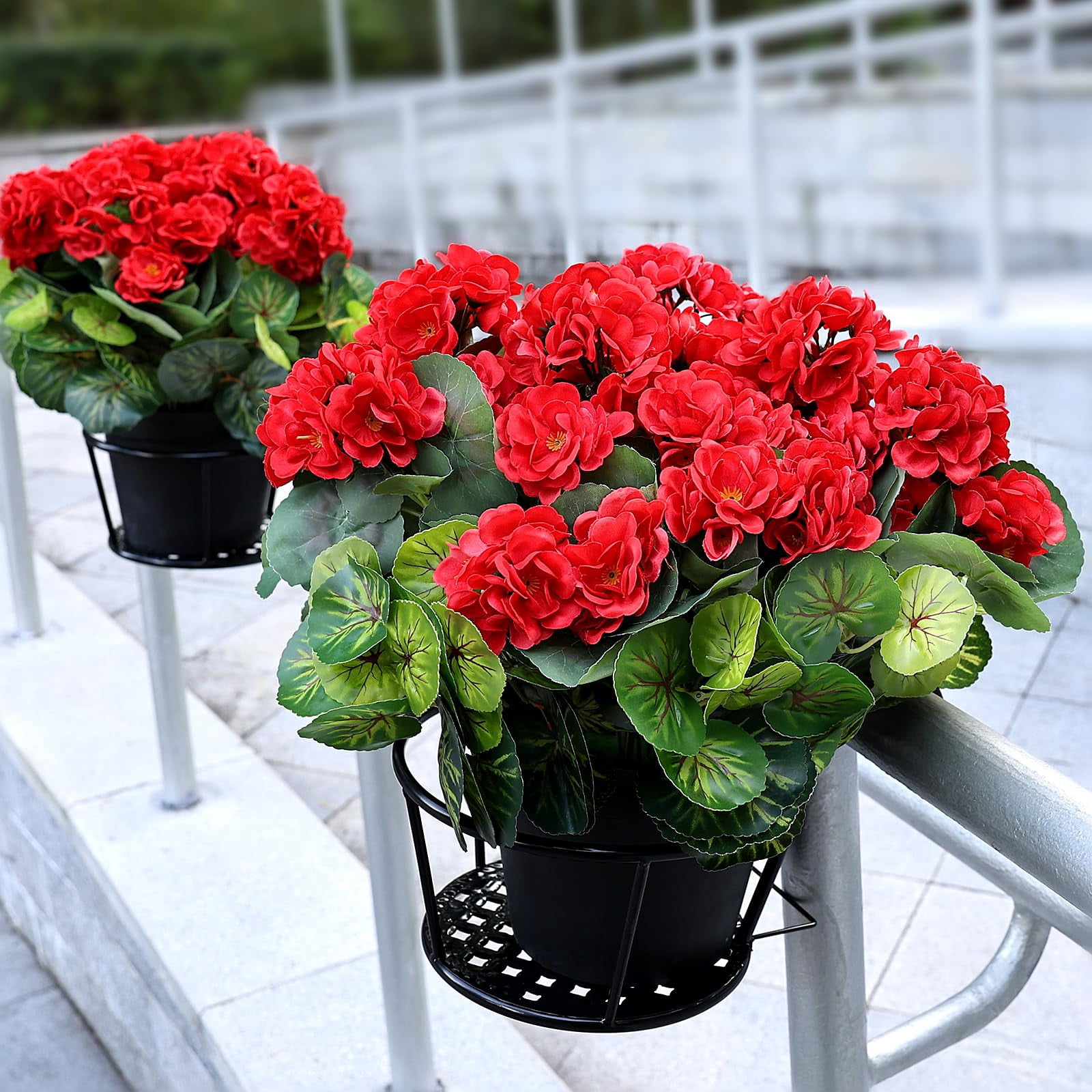 Set of 2 Artificial Flowers Potted for Outdoor, Pre-Made Faux Geranium Plants in Pots UV Resistant Pink Silk Fake Flower Large Potted Plant for Gardens Yards Patios Paths Home Decor - Pink