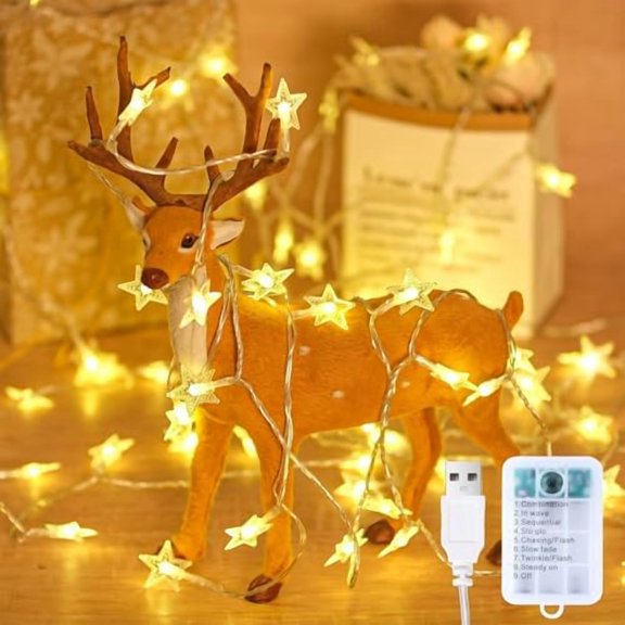 33Ft 80LED Star String Lights Battery and USB Operated, Warm White Star Fairy String Lights,Waterproof for Home Indoor Bedroom Wedding Room Dorm Wall Window Tent LoftBed Patio Party Decor