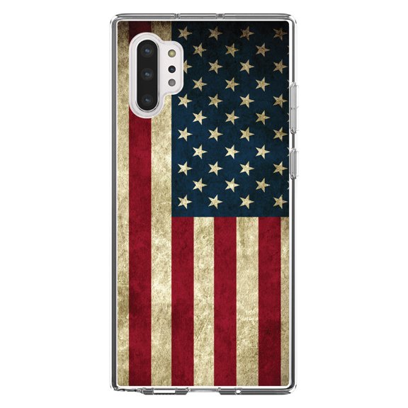 DistinctInk Clear Shockproof Hybrid Case for Galaxy Note 10 PLUS (6.8" Screen) - TPU Bumper, Acrylic Back, Tempered Glass Screen Protector - Red White Blue United States Flag Old - America