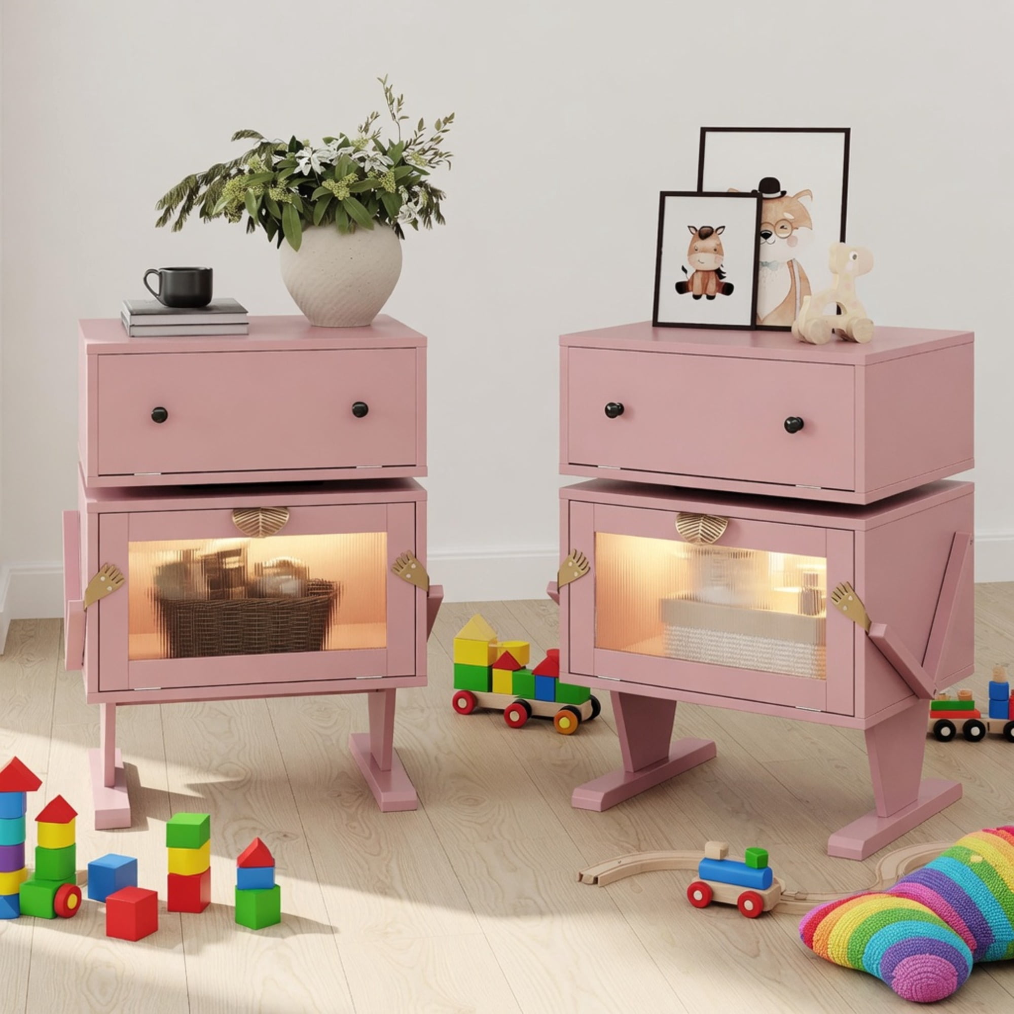 20.7" Wide End Table, Pink Robot LED Nightstand with 360° Rotating Drawer