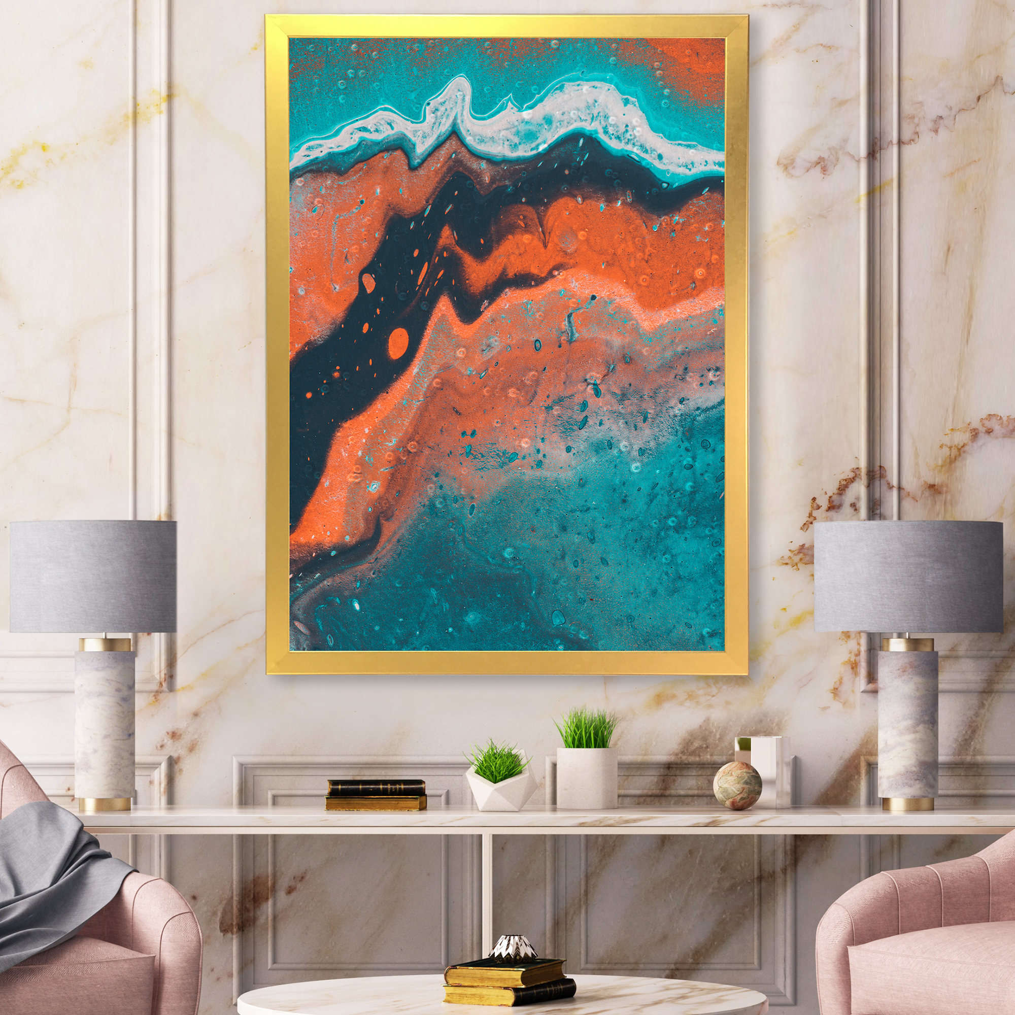 Designart 'Abstract Marble Composition In Orange and Blue VI' Modern Framed Art Print