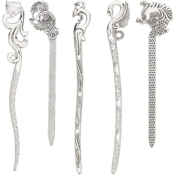 10Pcs 5 Styles Alloy Bookmarks Silver Metal Bookmark Animal Vintage Chinese Style Hairpin Stripe Bookmarkers Fox Peacock Hook Tibetan Book Markers