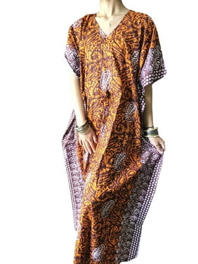 Mogul Women Caftan Dress Orange Brown Printed Summer Cotton Cover Up Comfortable Lounger Kaftan Maxi Dresses L