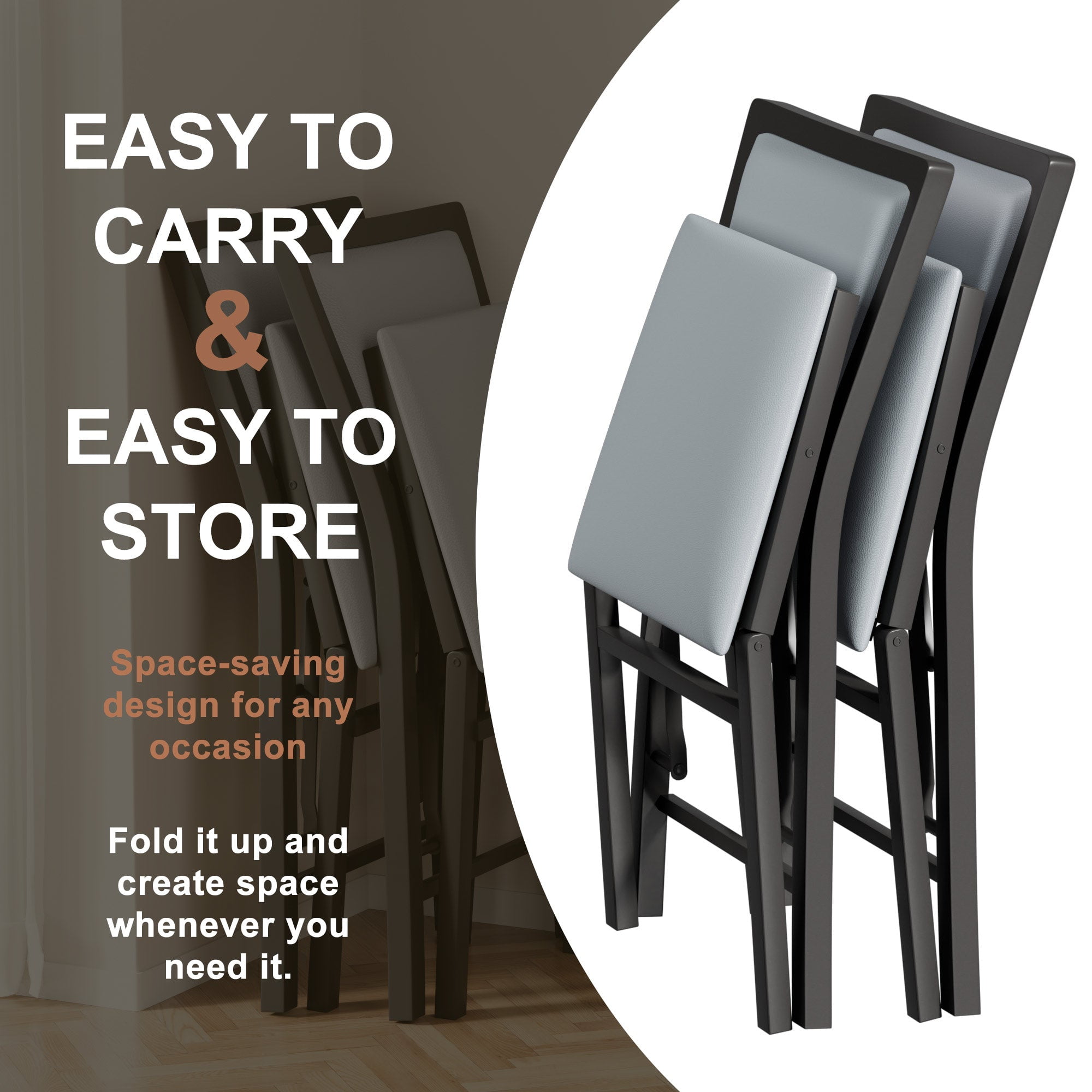 VECELO Dining Chairs Set of 2, Space-Saving and No Assembly, High Back PU Upholstered Folding Chairs with Metal Frame for Kitchen and Living Room, Grey
