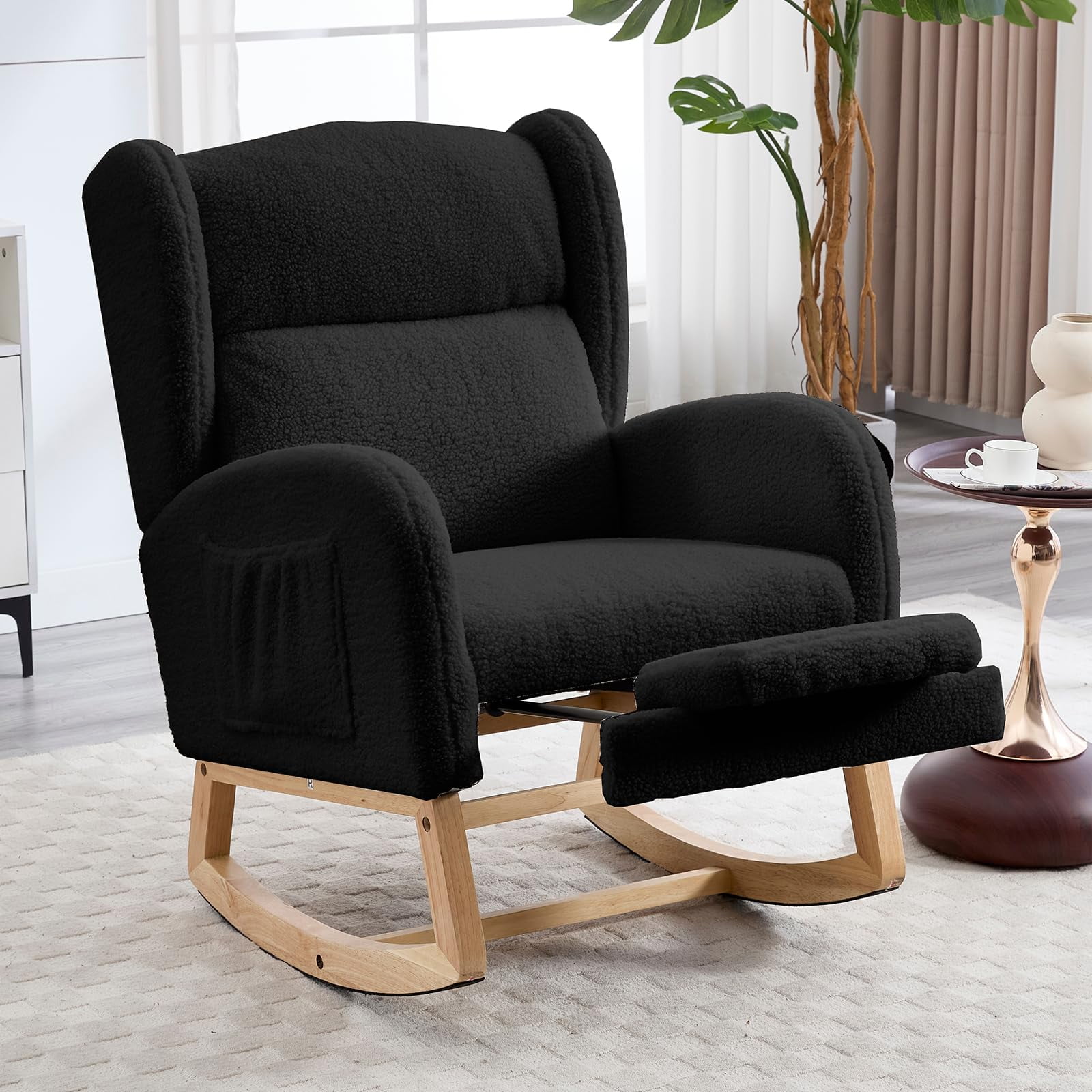 Black Teddy Fleece Glider Rocking Chair With Footrest And Side Pocket