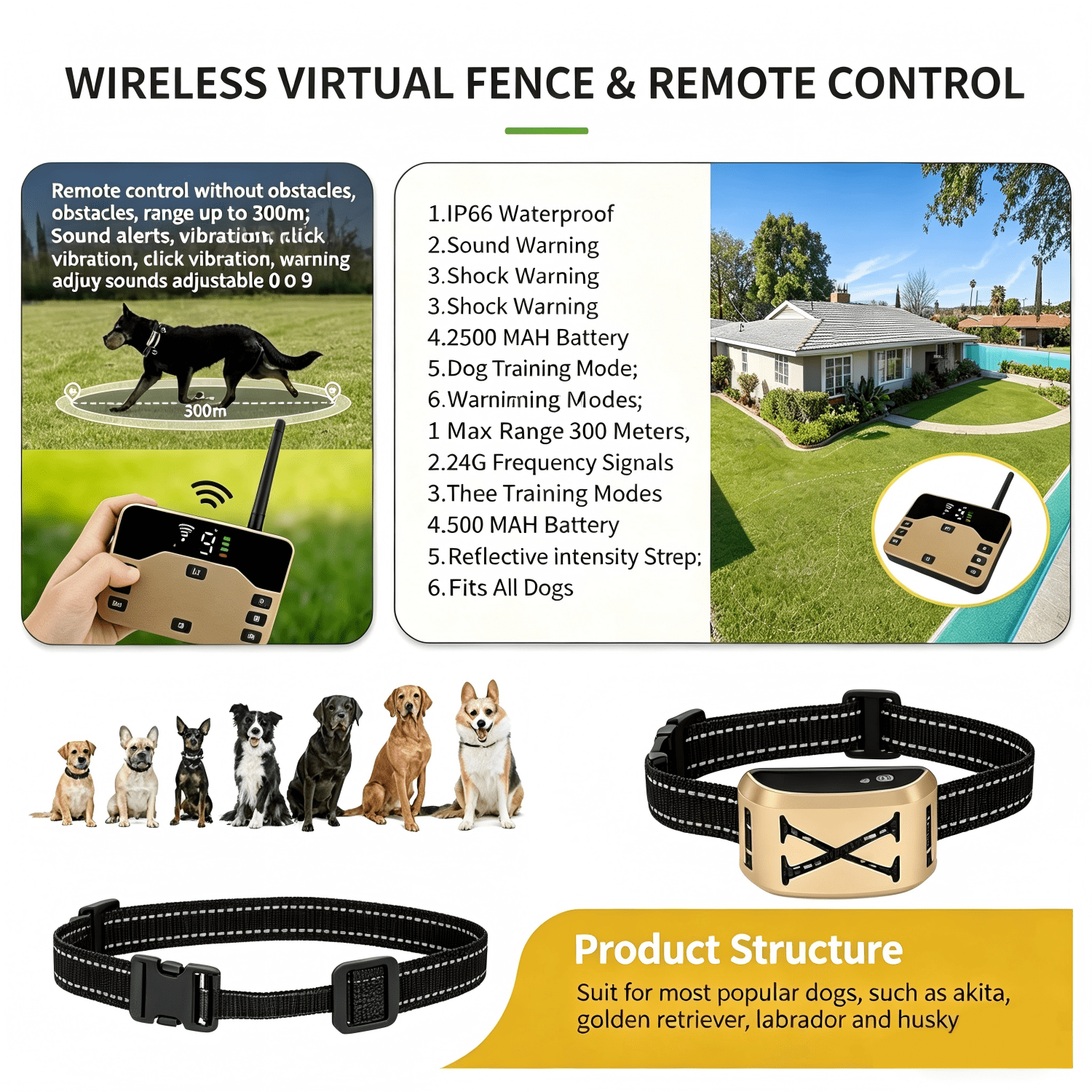 Wireless Dog Fence, Electric Dog Fence & Training Collar with Remote,Portable Dog Training Collar Electric Dog Boundary Container,Adjustable Control Range,Waterproof,Harmless,for 1 2 3 Dogs