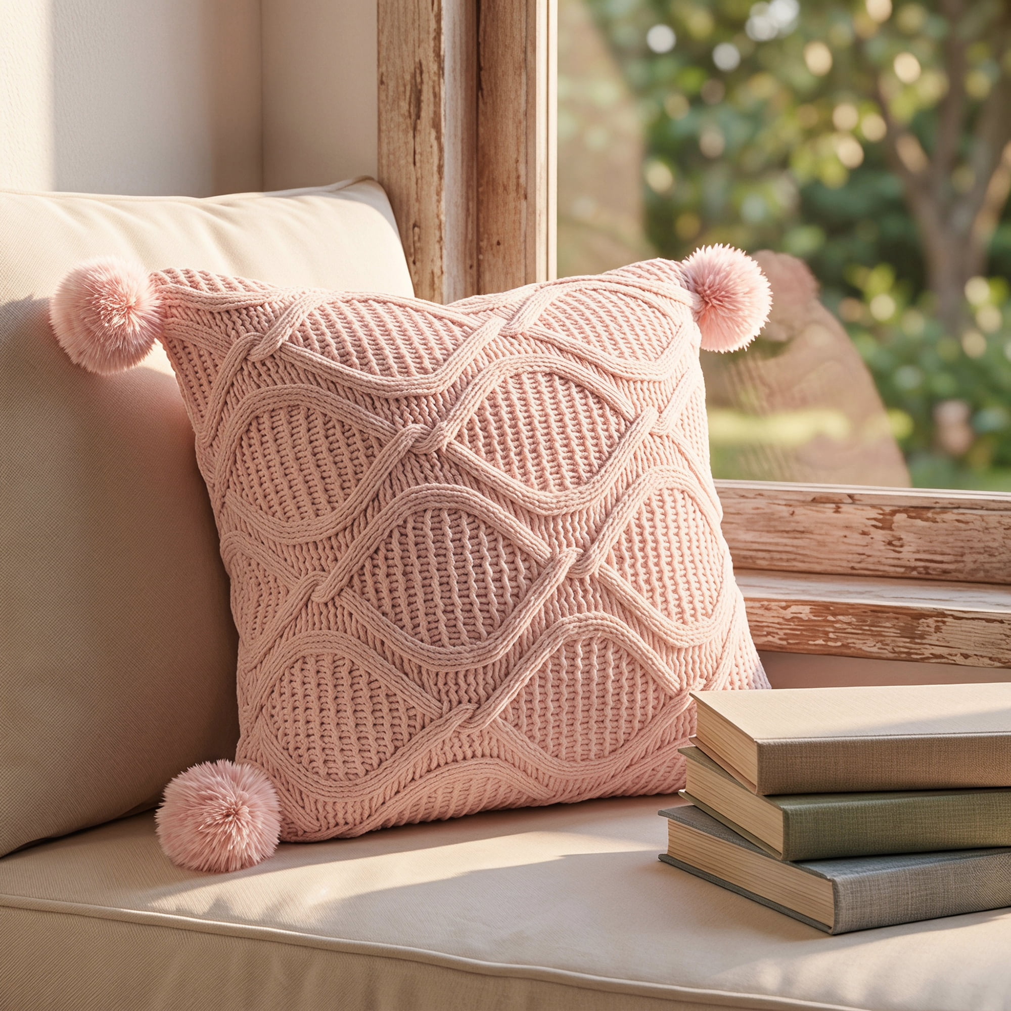 Unique Bargains Cable Knit Pillow Cover Solid Decorative Pompom Cushion Case Pink 18"x18"