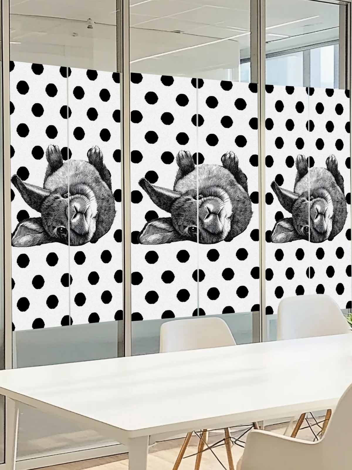Easter Bunny Window Privacy Film, Cute Gray Rabbit Farm Country Black Polka Dots Frosted Glass Window Clings Static Cling UV Heat Blocking Reusable Door Sticker for Bathroom 23.6 x 59 Inch