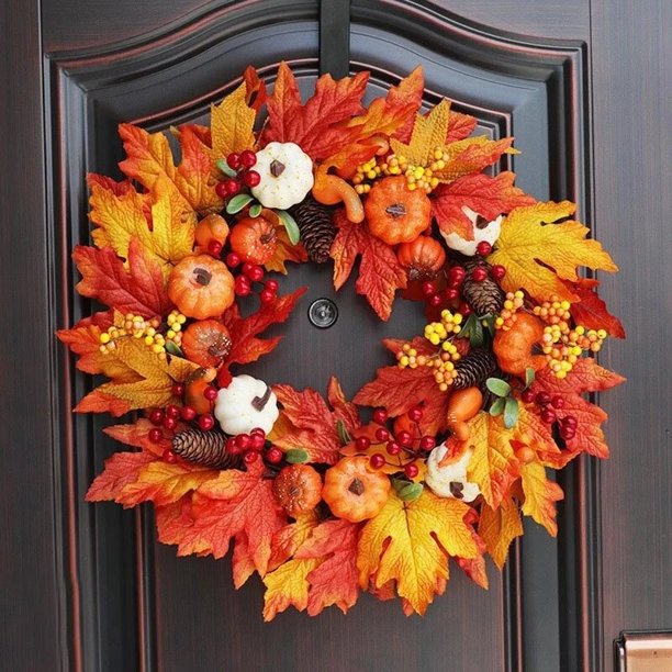 Corona Artificial de otoño para decoración del hogar, corona de puerta, calabaza, baya, hoja de arce, Navidad y Halloween
