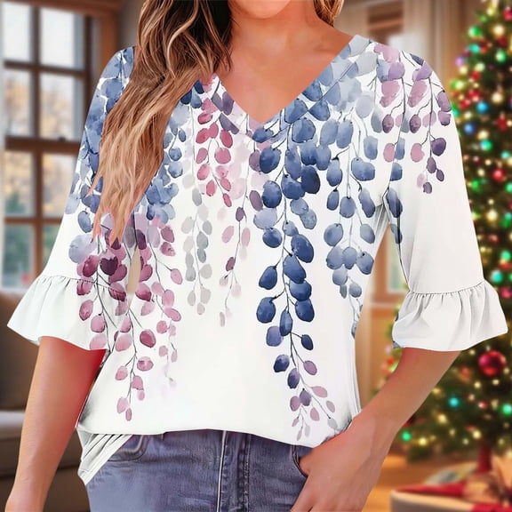 Jsaierl 3/4 Length Sleeve Tops for Women Summer V Neck Shirts Ruffle Trim Boho Print Ladies Pleated Blouses Flowy Cotton Tunic Top S-2XL