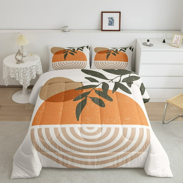 Erosebridal Geometric Striped Comforter Sets Queen Size, Contemporary Abstract Comforters & Duvets, Retro Sun Leaves Decor, 3pcs
