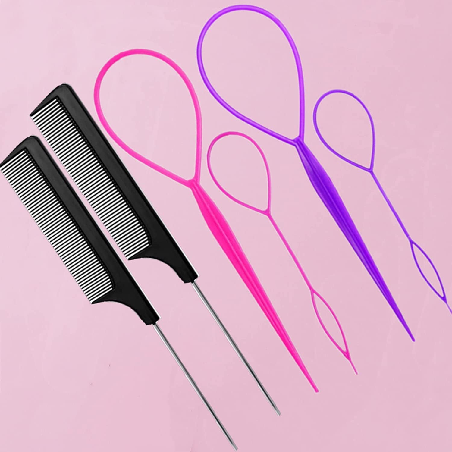 6pcs Hair Loop Styling Tool with Topsy Tail Hair Tools Set 4Pcs French  Braid Tool Loop (Pink, purple) 2pcs Metal Stainless Steel Pin Rat Tail Comb  (black) 