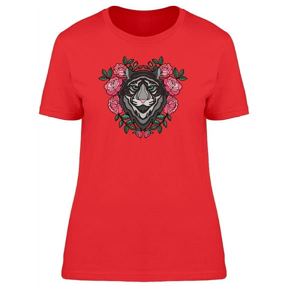 Gray Tiger Head And Roses T-Shirt Women -Image by Shutterstock, Female Small