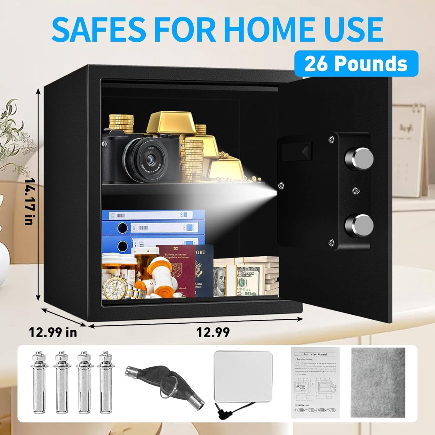 2.3 Cuft Fire proof Safes for  USE, Digital  Safe Box with Programmable Keypad and Spare , Safety Box for  Office Business, Document Safe for   Valuables