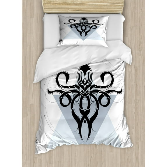 Octopus Duvet Cover Set Twin Size, Ornamental Sea Animal Description on Geometric Pattern Backdrop, Decorative 2 Piece Bedding Set with 1 Pillow Sham, White Charcoal Grey Pale Taupe, by Ambesonne