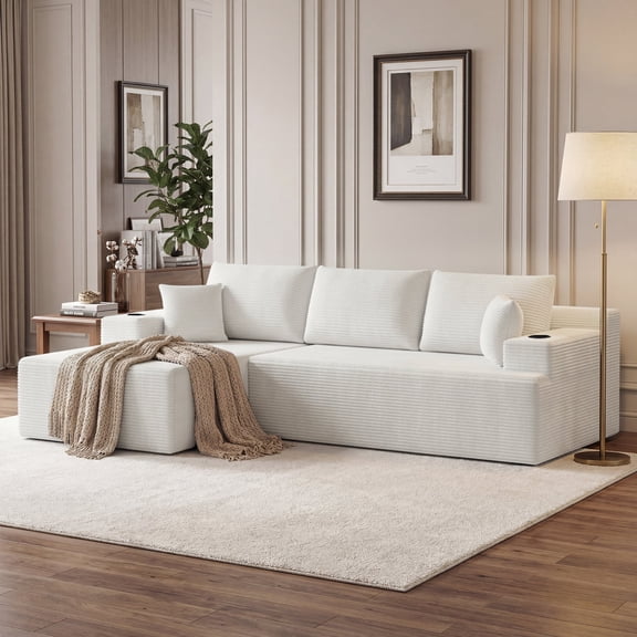 105" Beige Corduroy Modular Sectional Sofa, L-Shaped 2-Piece Deep Seat with Cup Holders, No Assembly Required
