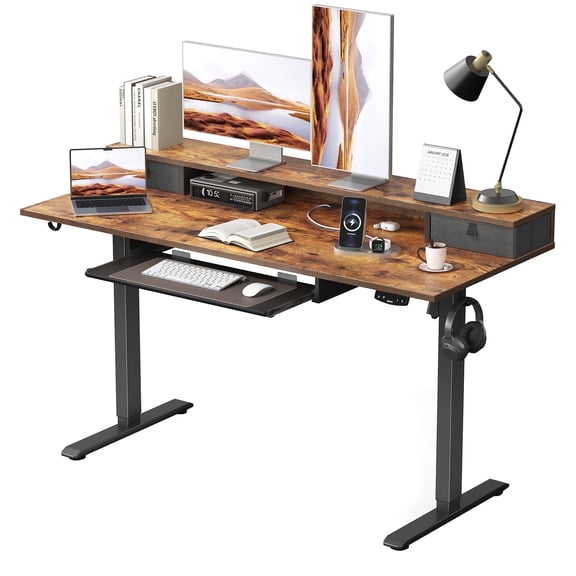 47.2 Inch Electric Standing Desk with 2 Drawers & Keyboard Tray, Adjustable Home Office Desk Ergonomic Sit to Stand Computer Desk with Hooks for Gaming & Work,Light Rustic Brown