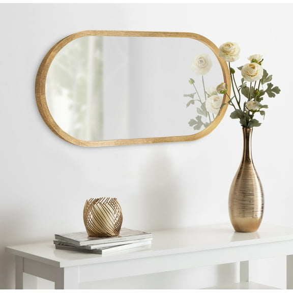 Kate and Laurel Travis Modern Capsule Wood Framed Wall Mirror, 12 x 24, Gold, Chic Geometric Wall Hanging Mirror For Display
