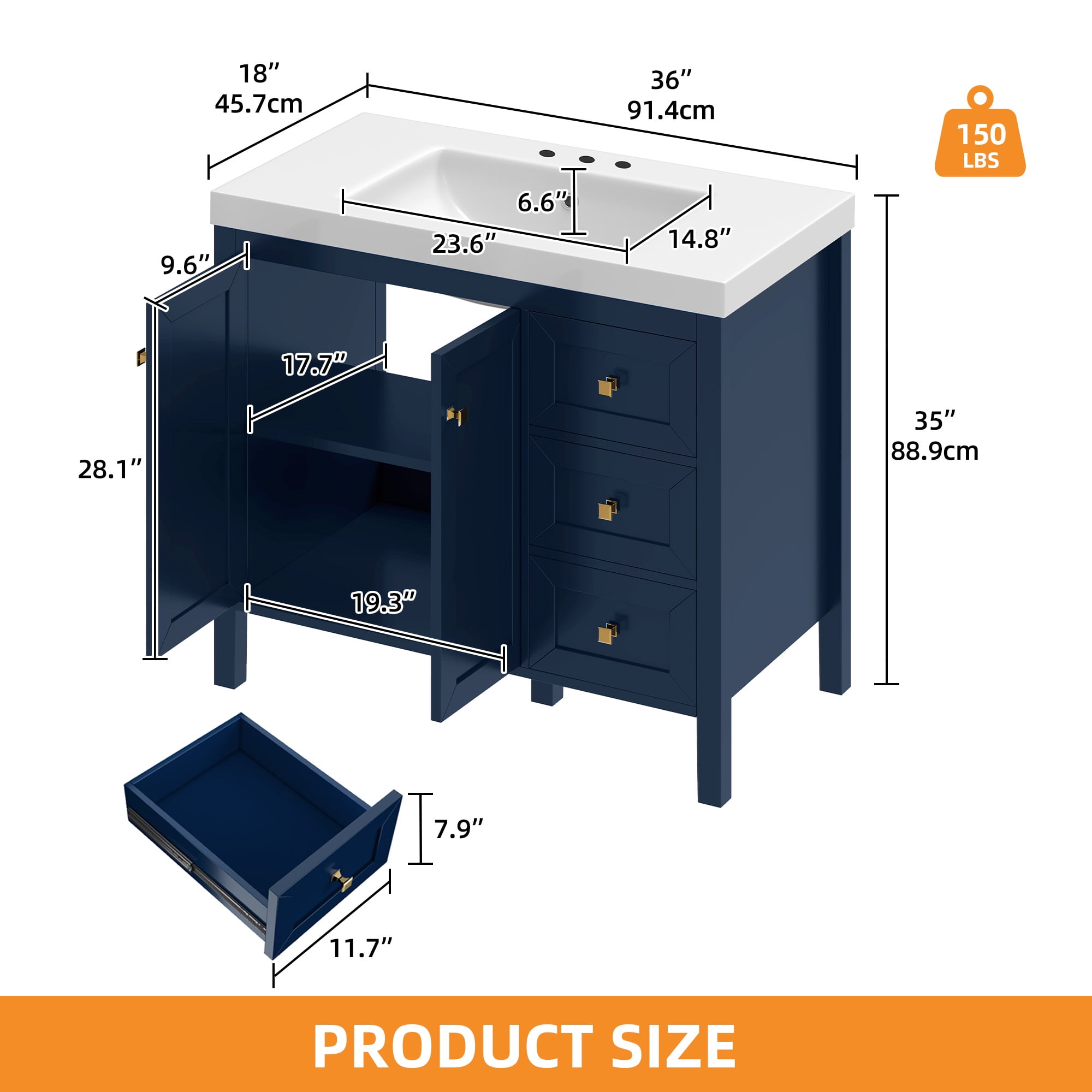 Craftian 36'' Modern Bathroom Vanity with Sink Combo, Freestanding Bathroom Storage Cabinet with Drawers & Doors, Blue