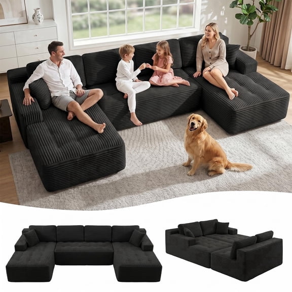 126" Oversized Cloud Boneless Couch, U Shaped Modular Sectional Sofa with Chaise,  Corduroy Fabric, No Assembly Required, Black