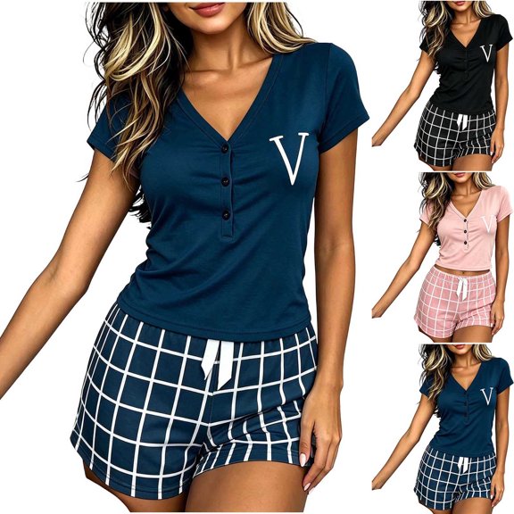 Mifsaly Summer Pajamas for Women Set Henley V Neck Short Sleeve Sleepwear Tops and Plaid Shorts Soft Comfortable Home Casual Nightwear Blue,S
