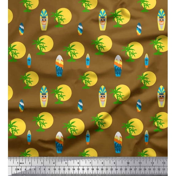 Soimoi Poly Crepe Fabric Skull,Sun & Palm Tree Nature Print Fabric by The Yard 42 Inch Wide
