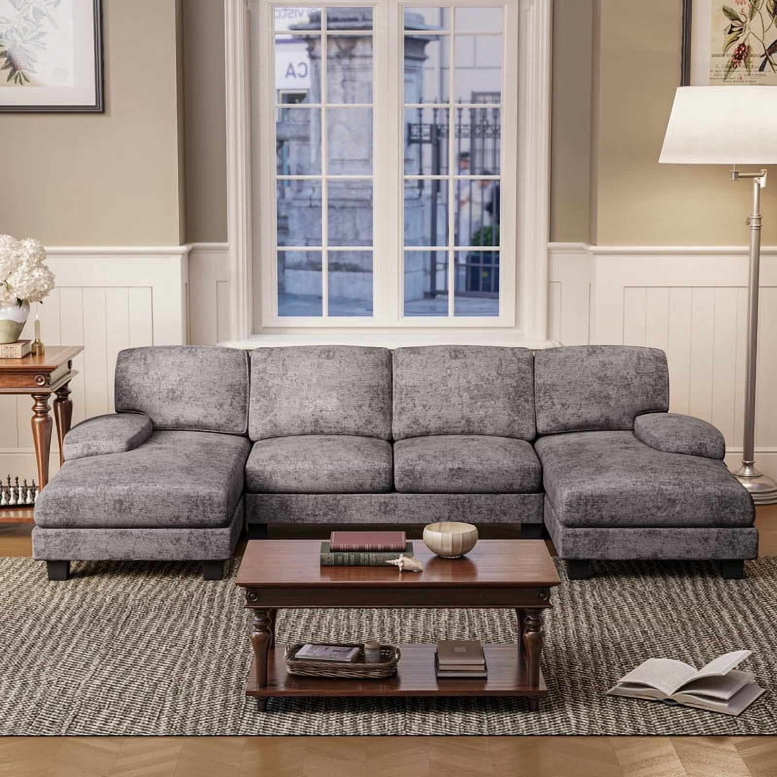 Furmax U Shaped Sectional Sofa Couch with Double Chaise for Apartments,Chenille Gray