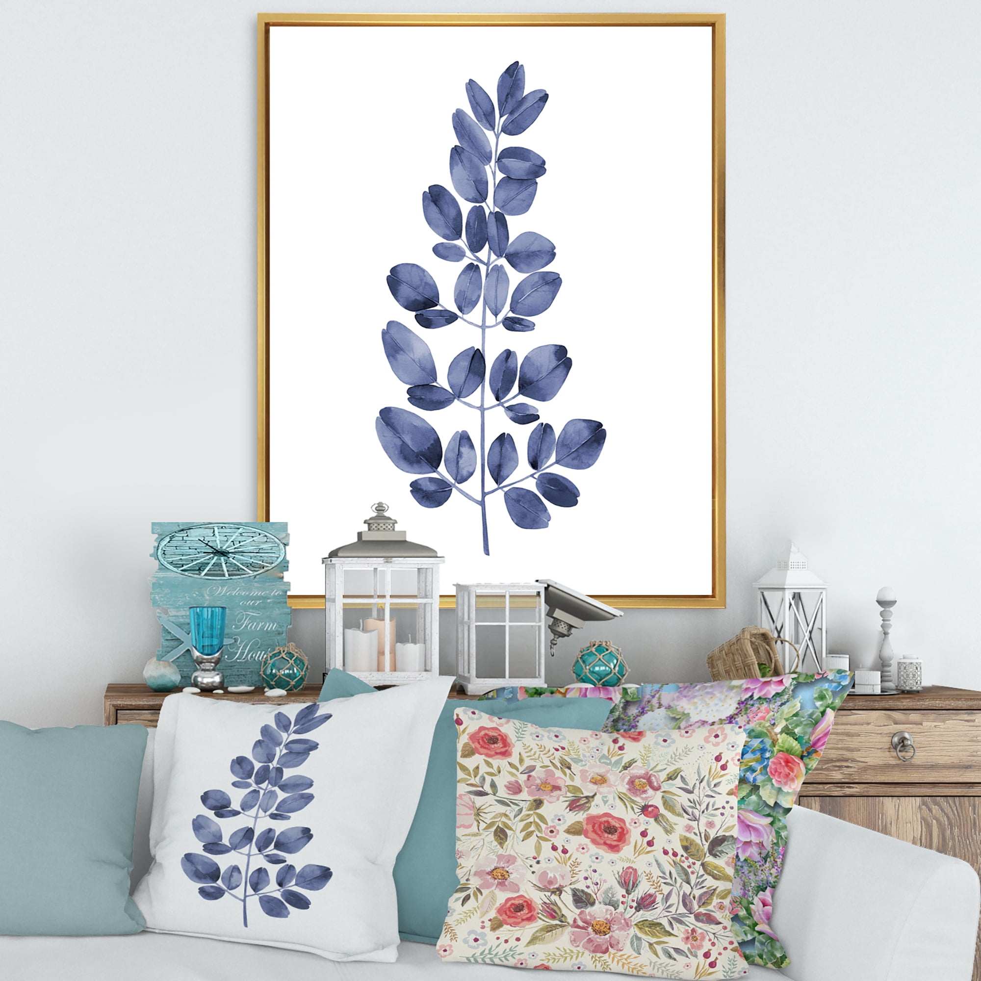 Designart 'Navy Blue Eucalyptus On White' Traditional Framed Canvas Wall Art Print
