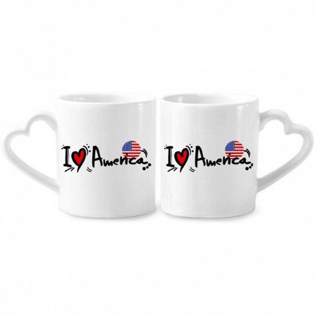 

I Love America World Flag Heart Couple Porcelain Mug Set Cerac Lover Cup Heart Handle