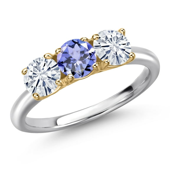 Gem Stone King 10K Two Tone Gold Blue Tanzanite and White Moissanite Engagement Ring for Women | 1.46 Cttw | Round 5MM | Gemstone December Birthstone | Size 7