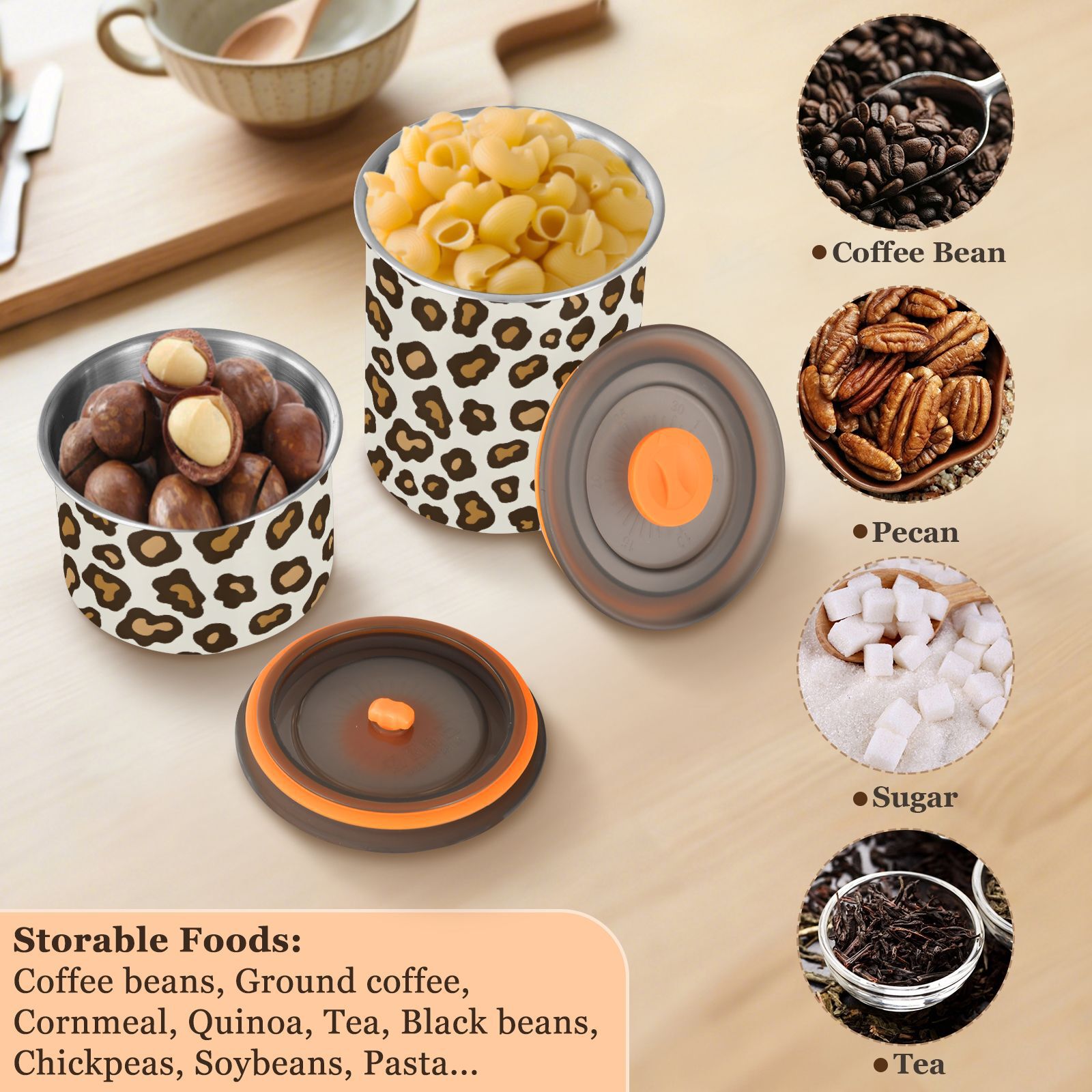 Leopard White & Brown Cheetah Print Airtight Coffee Bean Canister 30oz Food Storage Containers with Lids For Gournd, Tea, Sugar, Flour, Rice, Cereal, Candy Cookie Jar