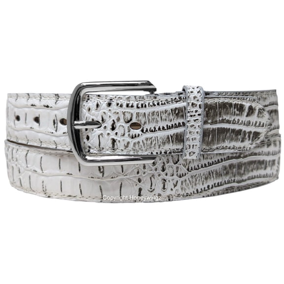 Men White Faux Crocodile Alligator Skin Leather Belt
