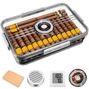 Acrylic Cigar Humidor Tupperdor- Airtight with Spanish Cedar Paper, Humidifier & Hygrometer, Portable Cigar Humidor Clear Cigars Container Hold about 20-30 cigars M
