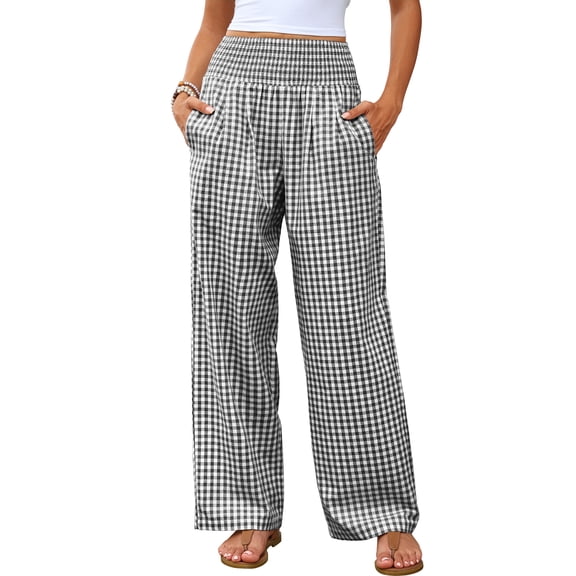 ANRABESS Women's Gingham Palazzo Pants, High Waisted Wide Leg Lounge Pants with Pockets, Casual Summer Beach Vacation Pants, Black White Plaid Medium