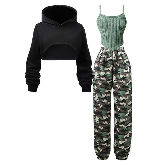 SUSUSU Girls 3 Piece Camo Set, Hooded Jacket with Tank Top and Cargo Pants, Long Sleeve Streetwear, Youth Children Fashion