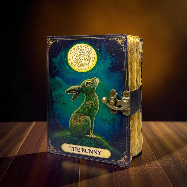 Handmade Bunny Leather Grimoire – 5x7 Inch Journal, 200 Handmade Deckle Pages, Vintage Witchy Notebook, Wiccan Pagan Book of Shadows