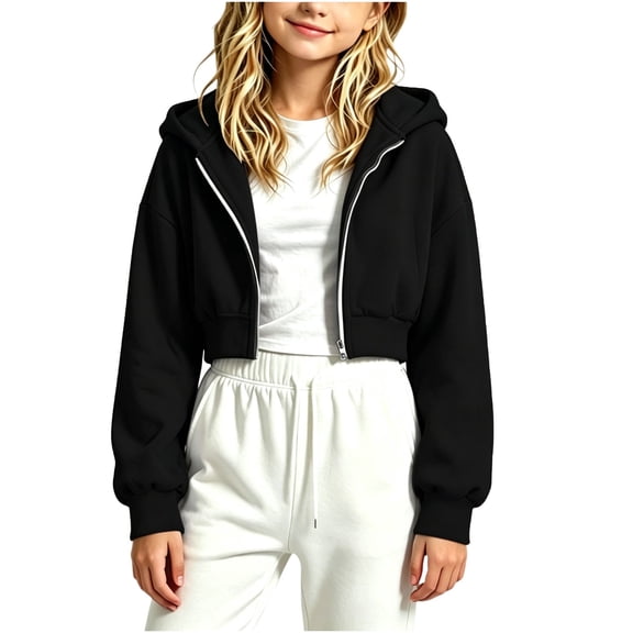 JUSLIO Sweatshirts for Girls,Athletic Hooded Sweatshirt,Zip Up Solid Color Comfortable Casual Outerwear,Black 5 Years