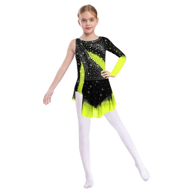 Freebily Robe de Danse Ballet Patinage Artistique à Manches Longues pour Filles avec Strass Jaune 12
