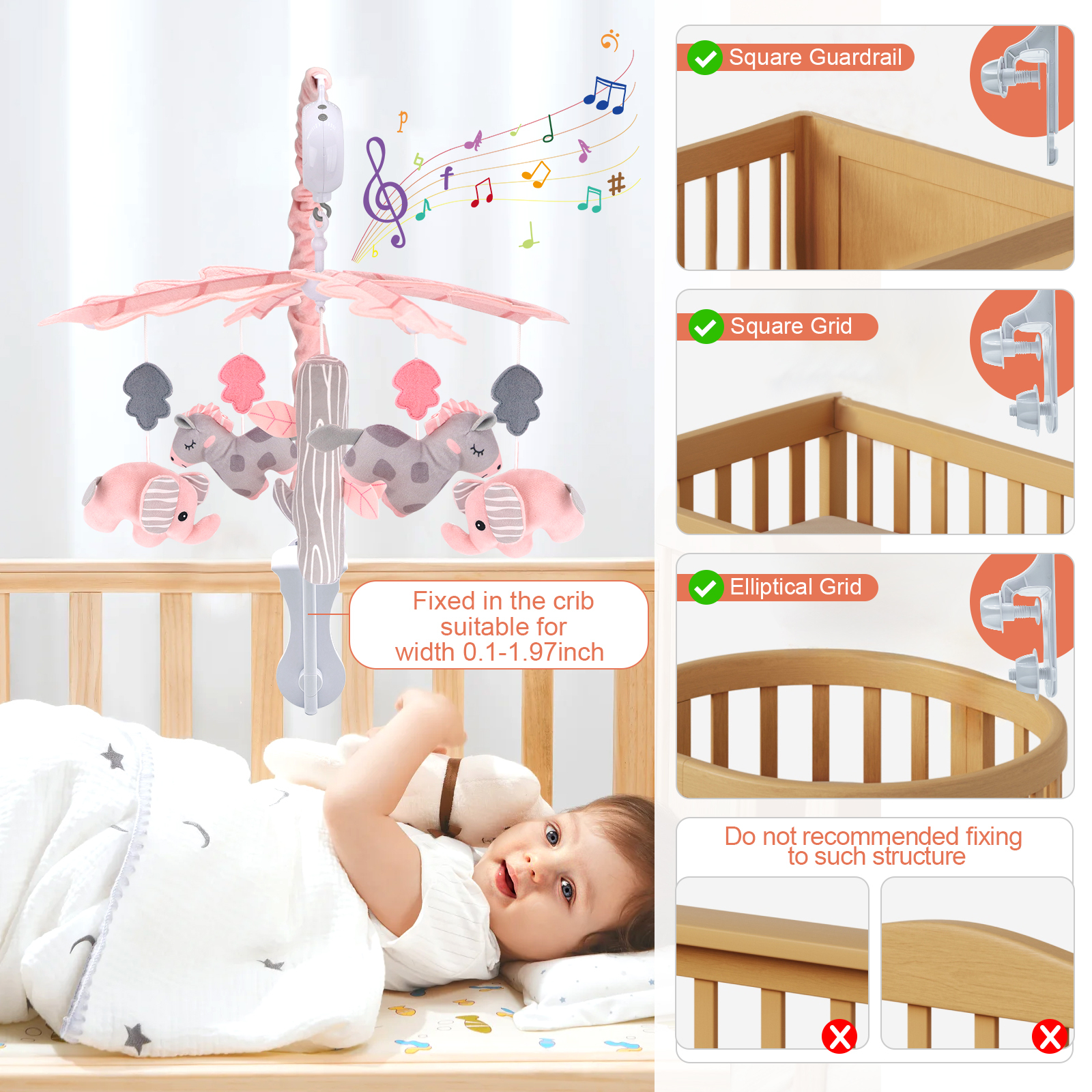 IFOYO Upgraded Musical Mobile for Crib, Baby Crib Mobile, Hanging Rotating Toys, Woodland Nursery Decor, Digital Music Box with 3 Modes, 12 lullabies, Pink