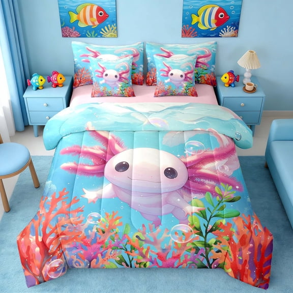 Manfei Cartoon Axolotl Twin Bedding Sets for Kids Boys and Girls, Underwater Coral Bedding Comforter Set, Pink Reversible 7pcs