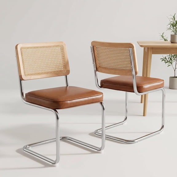 Rattan Dining Chairs Set of 2, Mid-Century Modern Dining Room Chairs with Cane Back, Faux Leather Upholstered Seat & Chrome Cantilever Frame, Sillas de Comedor, Kitchen Chairs (Brown, PU)