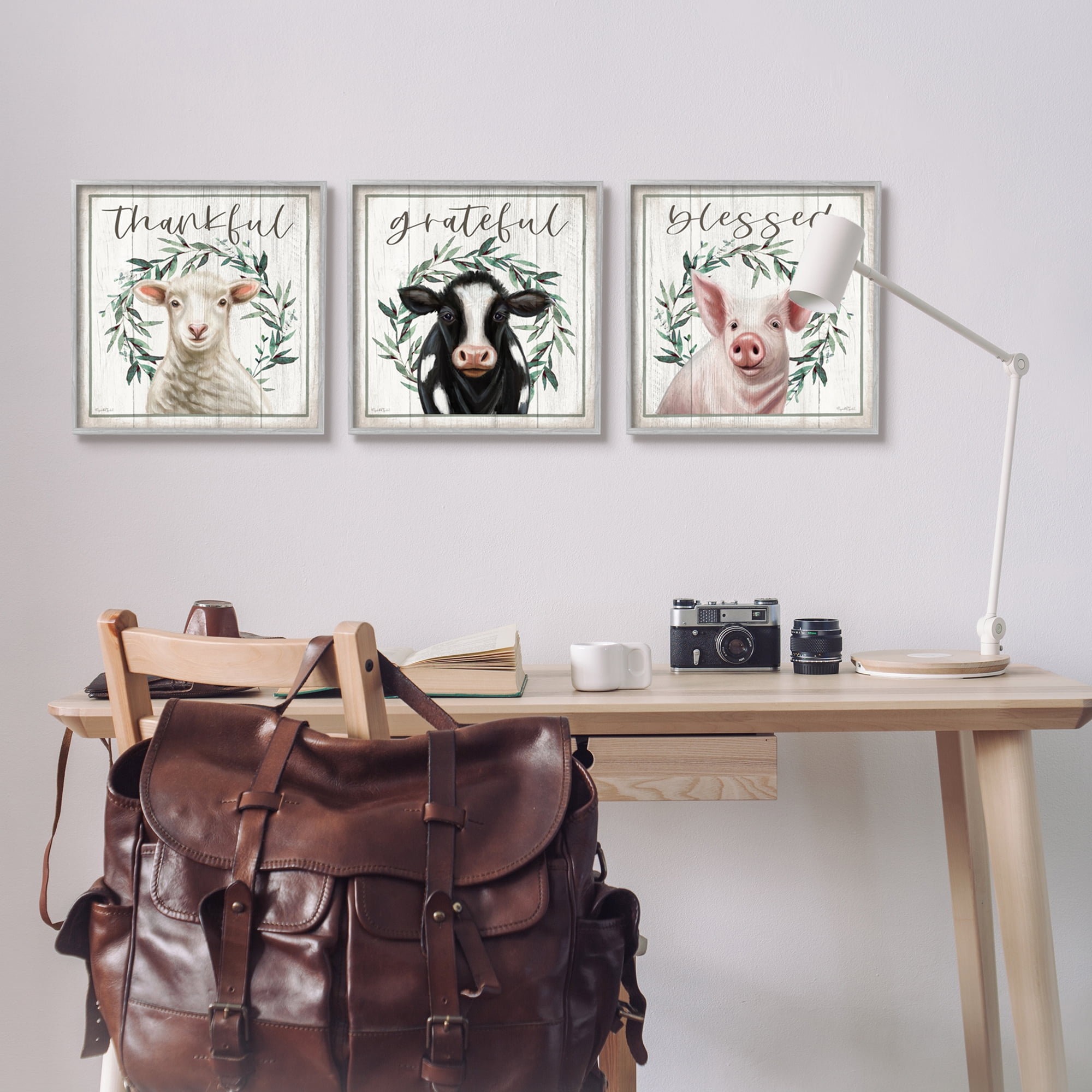 Stupell Industries Thankful Grateful Blessed Country Animals & Insects Painting Gray Framed Art Print Wall Art, 17 x 17, Set of 3